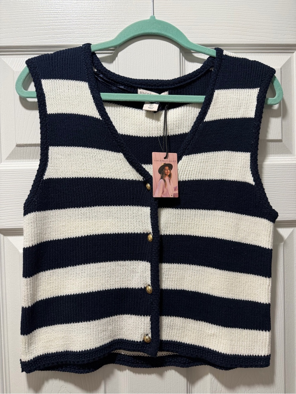 Sincerely Jules Navy and White Striped Button-Front Knit Vest